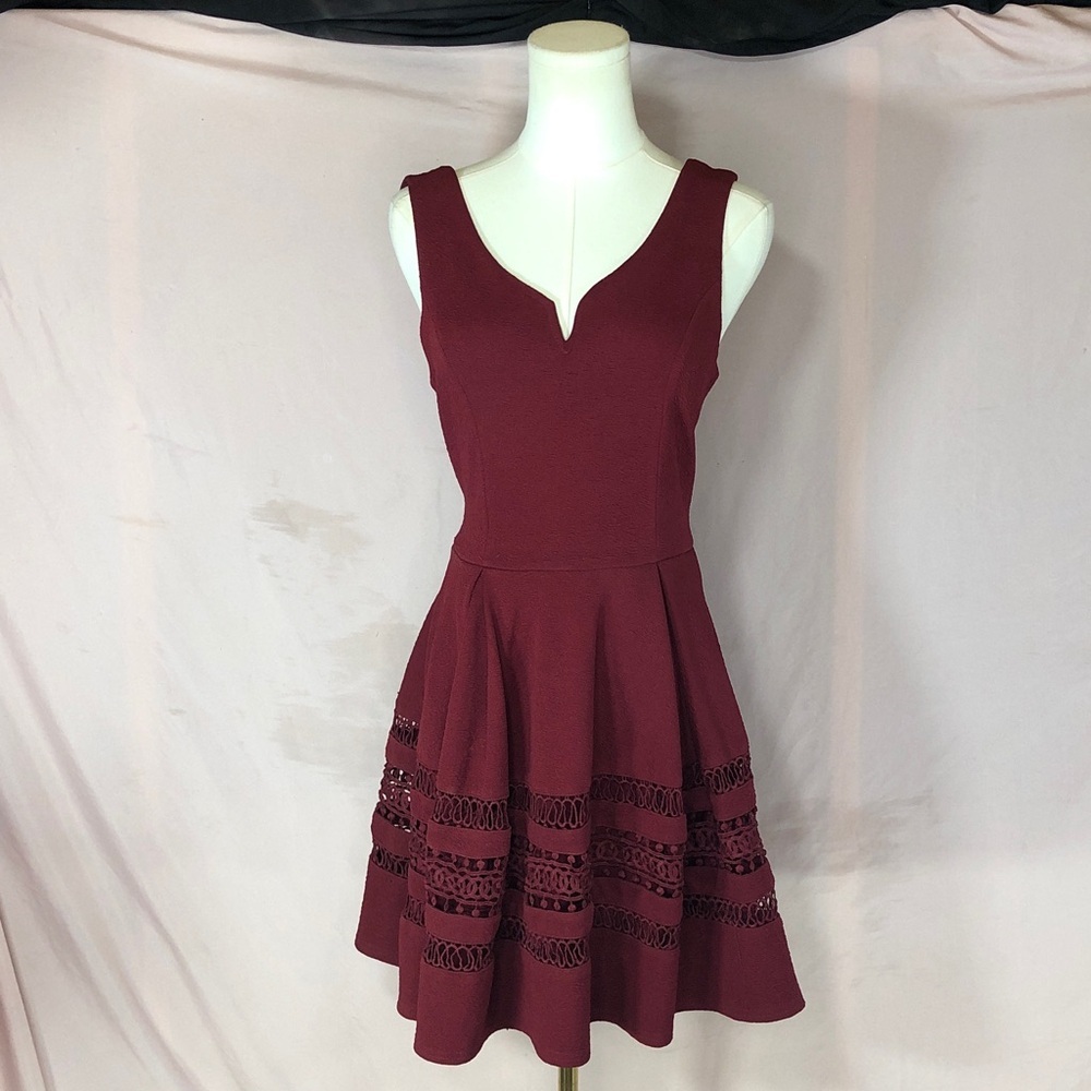Sleeveless Burgundy Fit-and-Flare Dress with Lace Insets